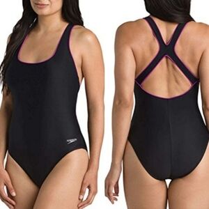 Speedo Racerback Athletic Training One Piece Swimsuit, Black/Raspberry Size 10